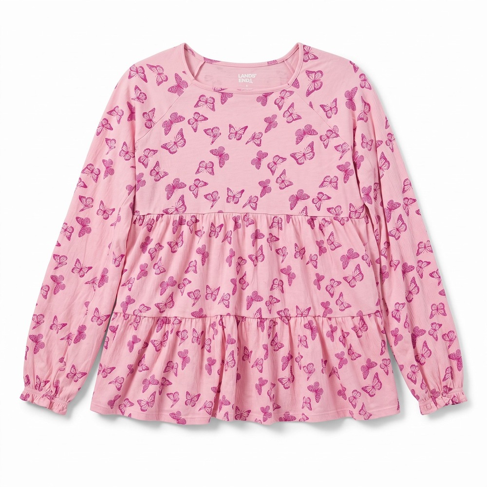 Lands End XL Pink Butterfly Tiered Peplum Top Womens Boho Casual
